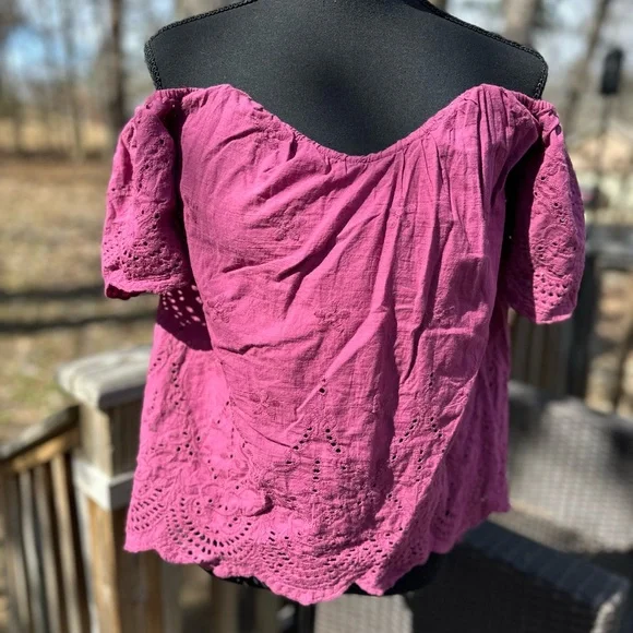 Women's Off-Shoulder Eyelet Top - Pink - Picture 1 of 7